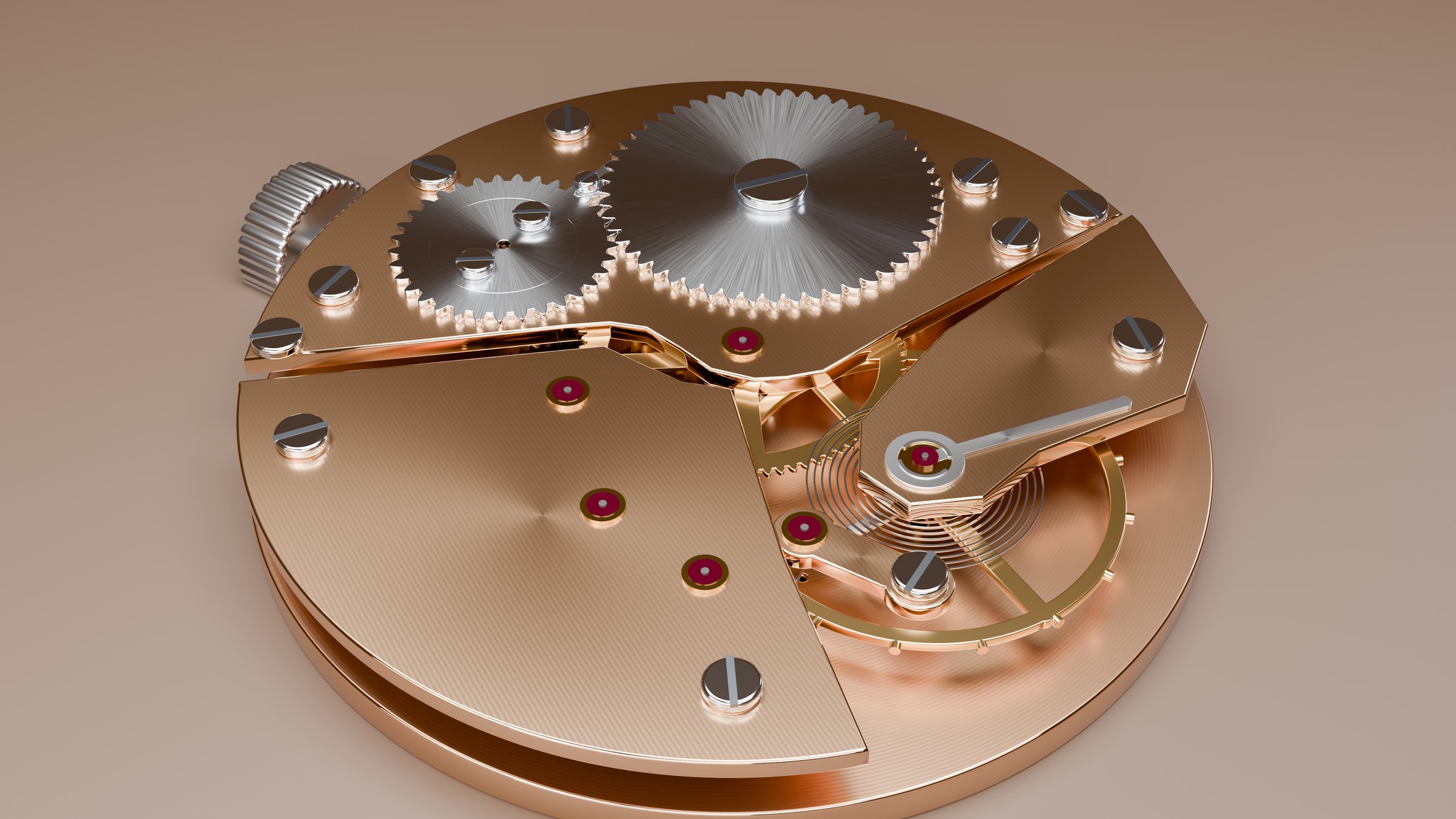 3D render of a hand-wound watch movement with copper bridges and sunburst steel wheels